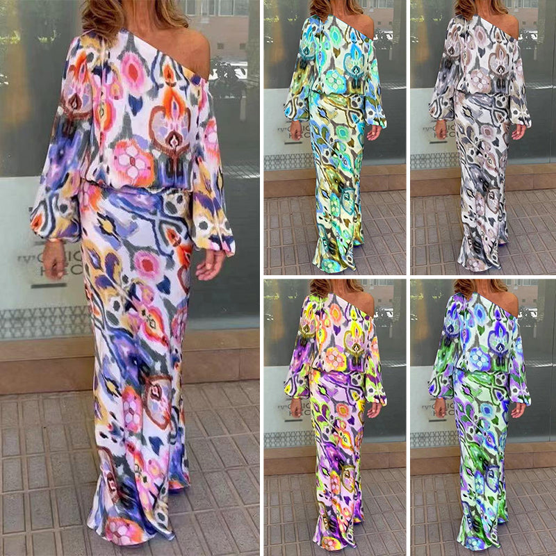 🎉 Speciale estate 🎉Completo da donna con maxi abito a due pezzi monospalla con grafica astratta