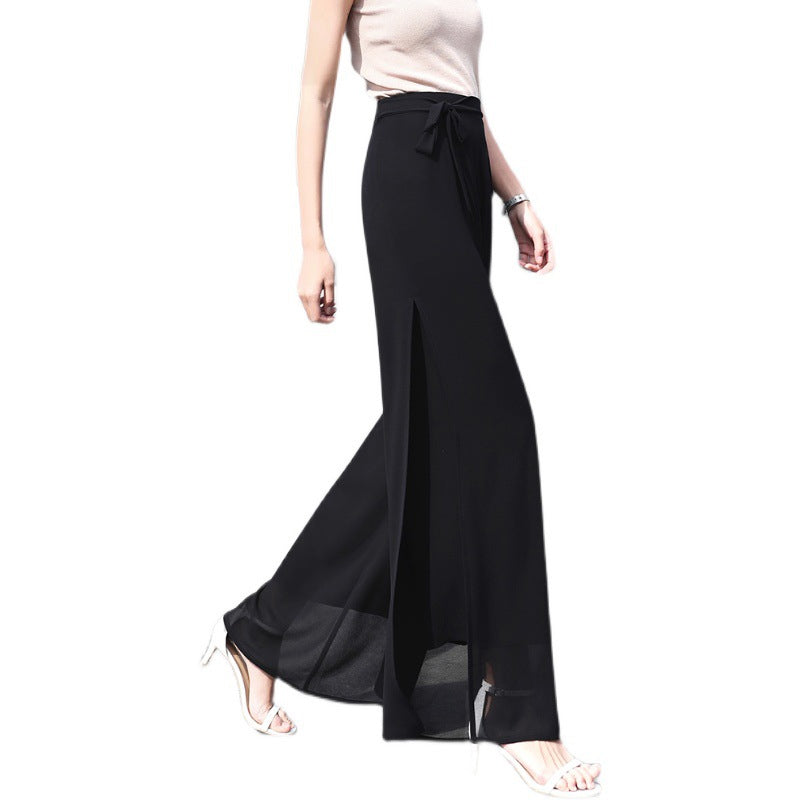 Pantaloni a gamba larga in chiffon con coulisse